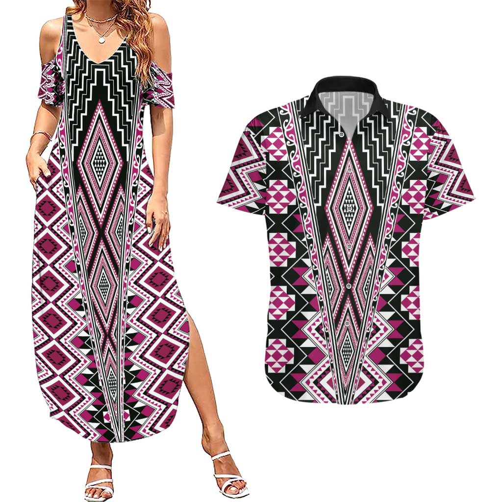 Pink Aotearoa Tukutuku and Poutama Motif Couples Matching Summer Maxi Dress and Hawaiian Shirt LT03 Pink - Polynesian Pride