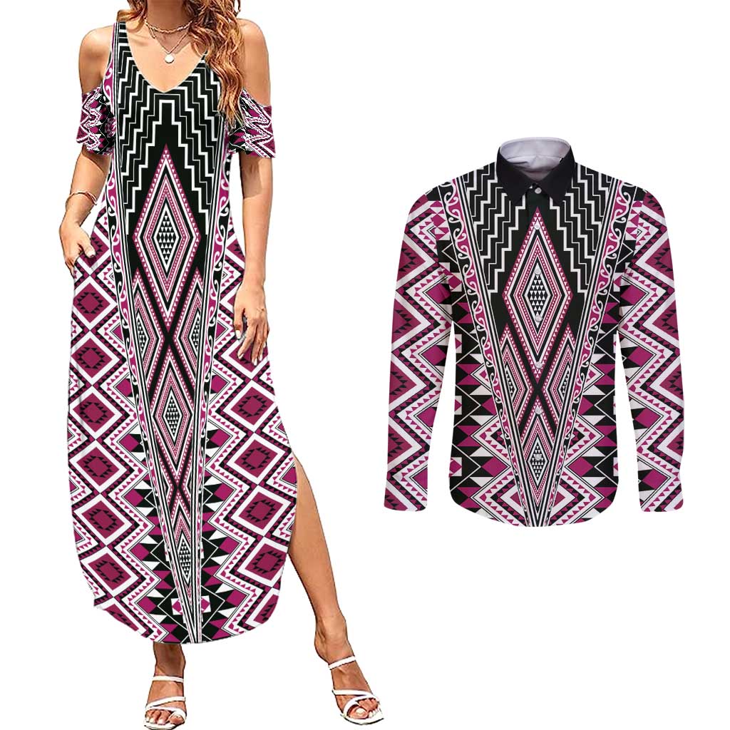Pink Aotearoa Tukutuku and Poutama Motif Couples Matching Summer Maxi Dress and Long Sleeve Button Shirt LT03 Pink - Polynesian Pride