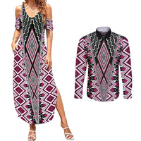 Pink Aotearoa Tukutuku and Poutama Motif Couples Matching Summer Maxi Dress and Long Sleeve Button Shirt LT03 Pink - Polynesian Pride