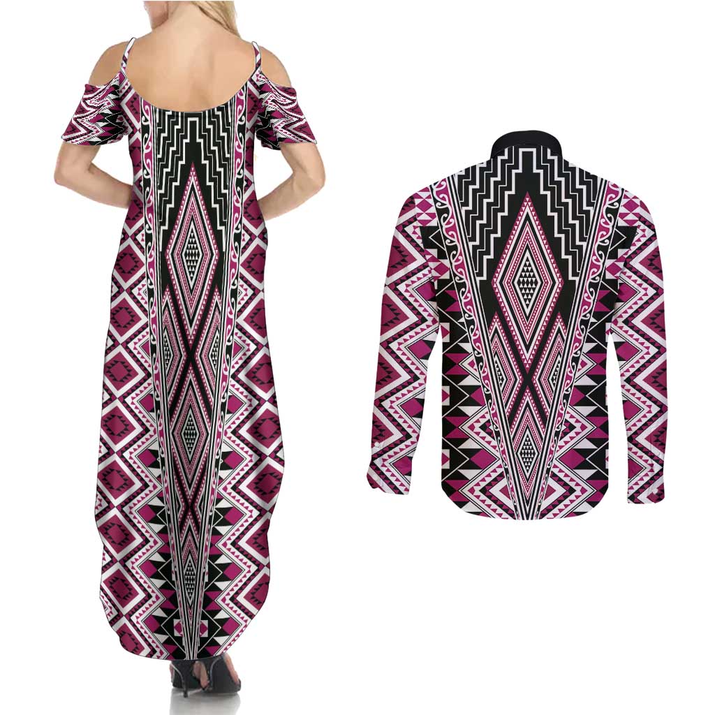 Pink Aotearoa Tukutuku and Poutama Motif Couples Matching Summer Maxi Dress and Long Sleeve Button Shirt LT03 - Polynesian Pride