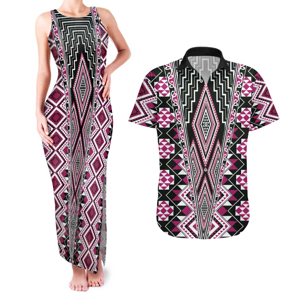 Pink Aotearoa Tukutuku and Poutama Motif Couples Matching Tank Maxi Dress and Hawaiian Shirt LT03 Pink - Polynesian Pride