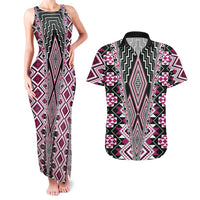 Pink Aotearoa Tukutuku and Poutama Motif Couples Matching Tank Maxi Dress and Hawaiian Shirt LT03 Pink - Polynesian Pride