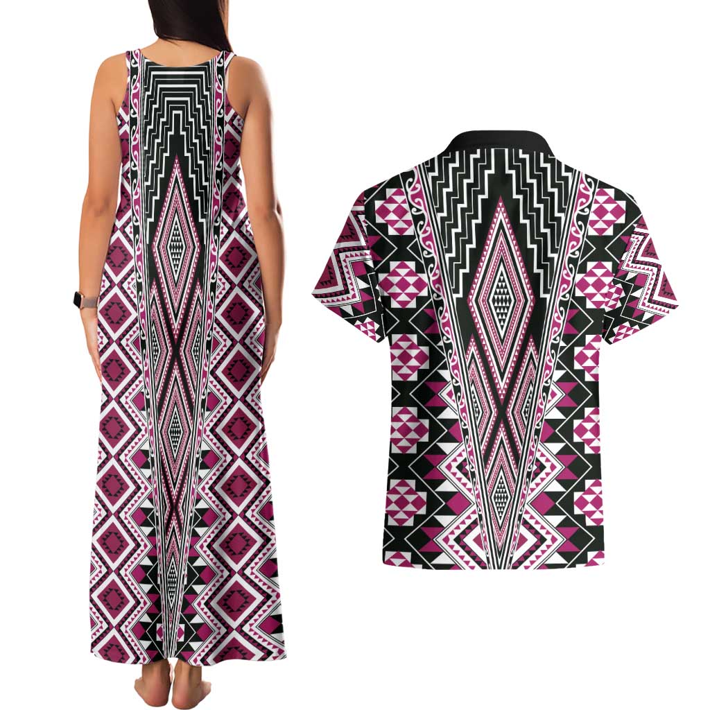 Pink Aotearoa Tukutuku and Poutama Motif Couples Matching Tank Maxi Dress and Hawaiian Shirt LT03 - Polynesian Pride
