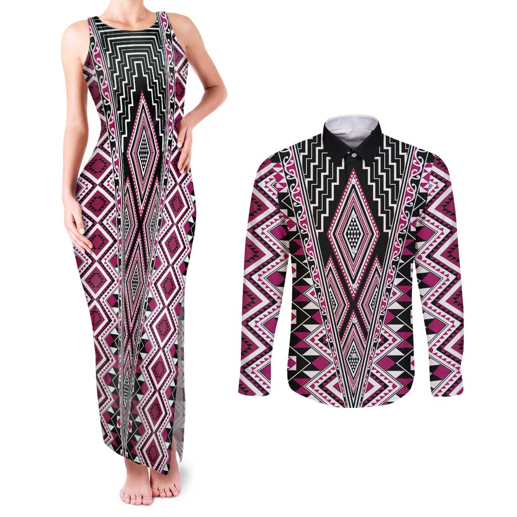 Pink Aotearoa Tukutuku and Poutama Motif Couples Matching Tank Maxi Dress and Long Sleeve Button Shirt LT03 Pink - Polynesian Pride