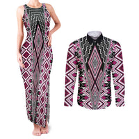 Pink Aotearoa Tukutuku and Poutama Motif Couples Matching Tank Maxi Dress and Long Sleeve Button Shirt LT03 Pink - Polynesian Pride