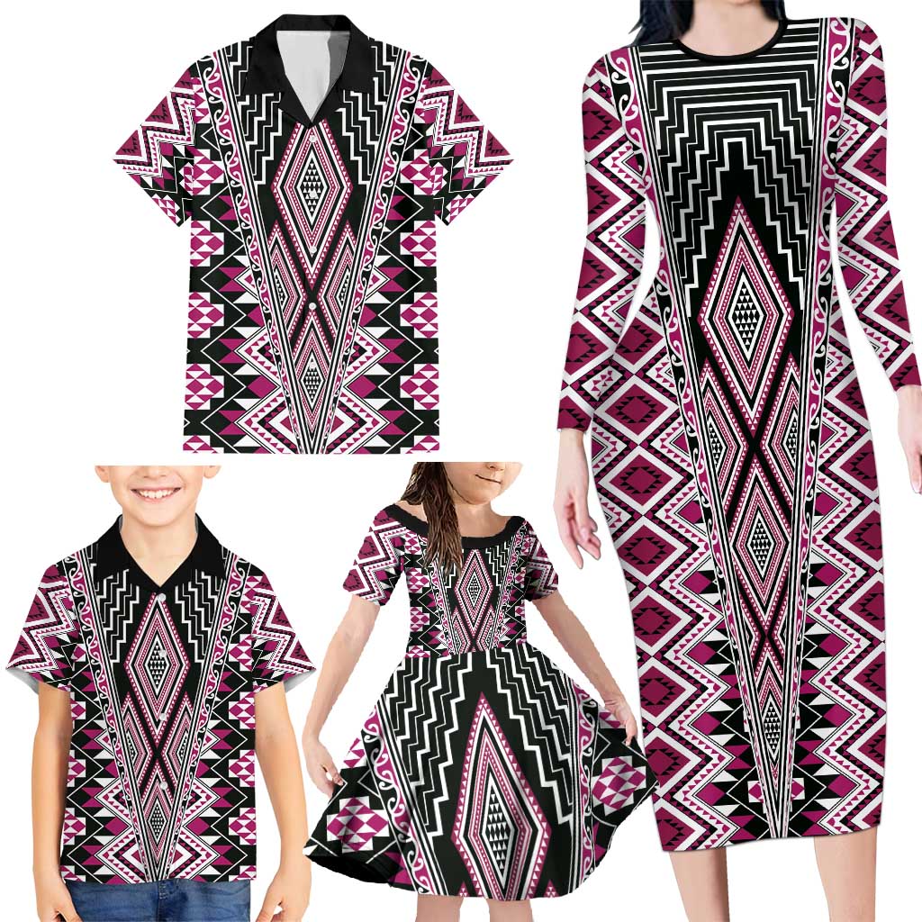 Pink Aotearoa Tukutuku and Poutama Motif Family Matching Long Sleeve Bodycon Dress and Hawaiian Shirt LT03 - Polynesian Pride
