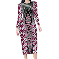 Pink Aotearoa Tukutuku and Poutama Motif Family Matching Long Sleeve Bodycon Dress and Hawaiian Shirt LT03 Mom's Dress Pink - Polynesian Pride