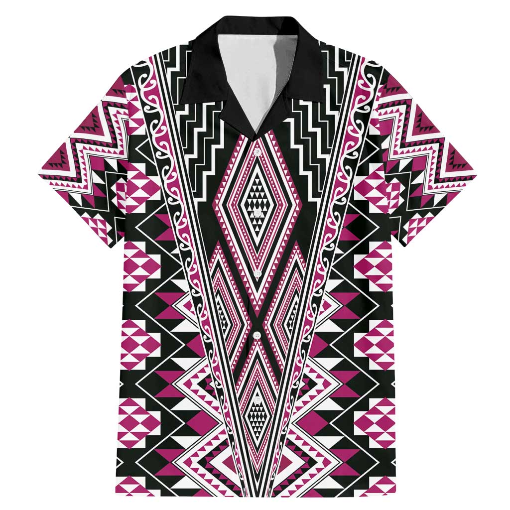 Pink Aotearoa Tukutuku and Poutama Motif Family Matching Mermaid Dress and Hawaiian Shirt LT03 Dad's Shirt - Short Sleeve Pink - Polynesian Pride