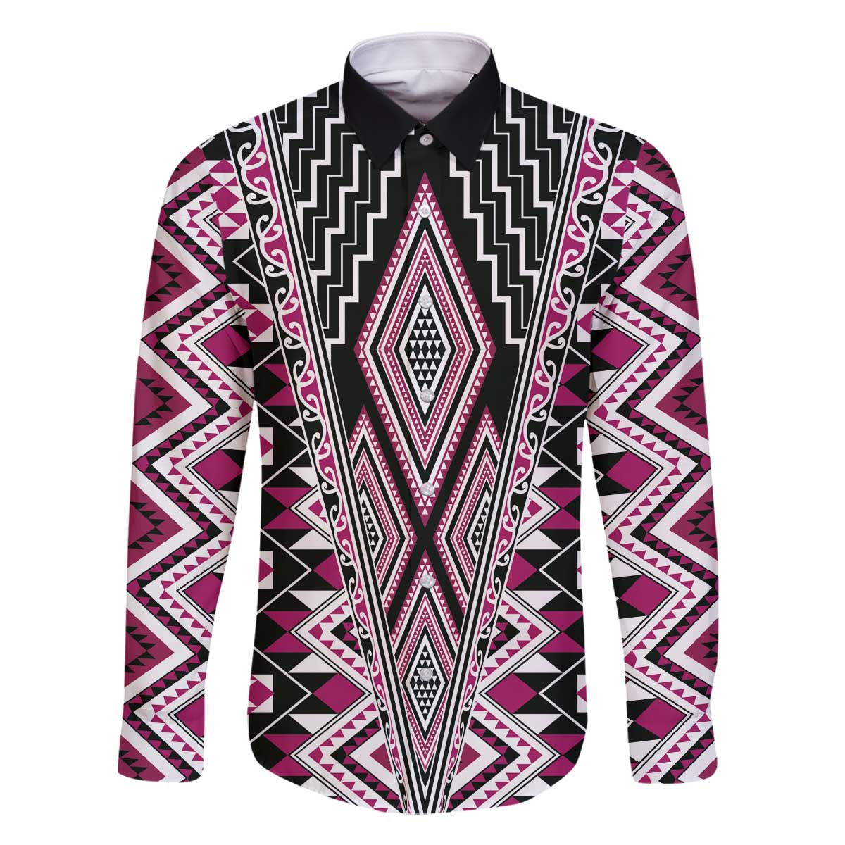 Pink Aotearoa Tukutuku and Poutama Motif Family Matching Off The Shoulder Long Sleeve Dress and Hawaiian Shirt LT03 Dad's Shirt - Long Sleeve Pink - Polynesian Pride