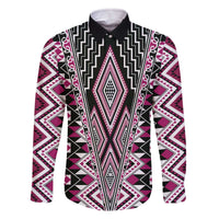 Pink Aotearoa Tukutuku and Poutama Motif Family Matching Off The Shoulder Long Sleeve Dress and Hawaiian Shirt LT03 Dad's Shirt - Long Sleeve Pink - Polynesian Pride