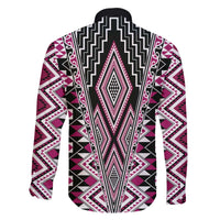 Pink Aotearoa Tukutuku and Poutama Motif Family Matching Off The Shoulder Long Sleeve Dress and Hawaiian Shirt LT03 - Polynesian Pride