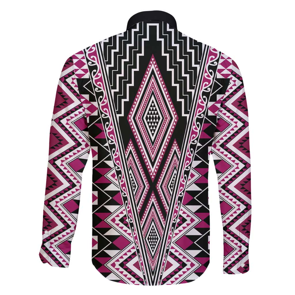 Pink Aotearoa Tukutuku and Poutama Motif Family Matching Off Shoulder Maxi Dress and Hawaiian Shirt LT03 - Polynesian Pride