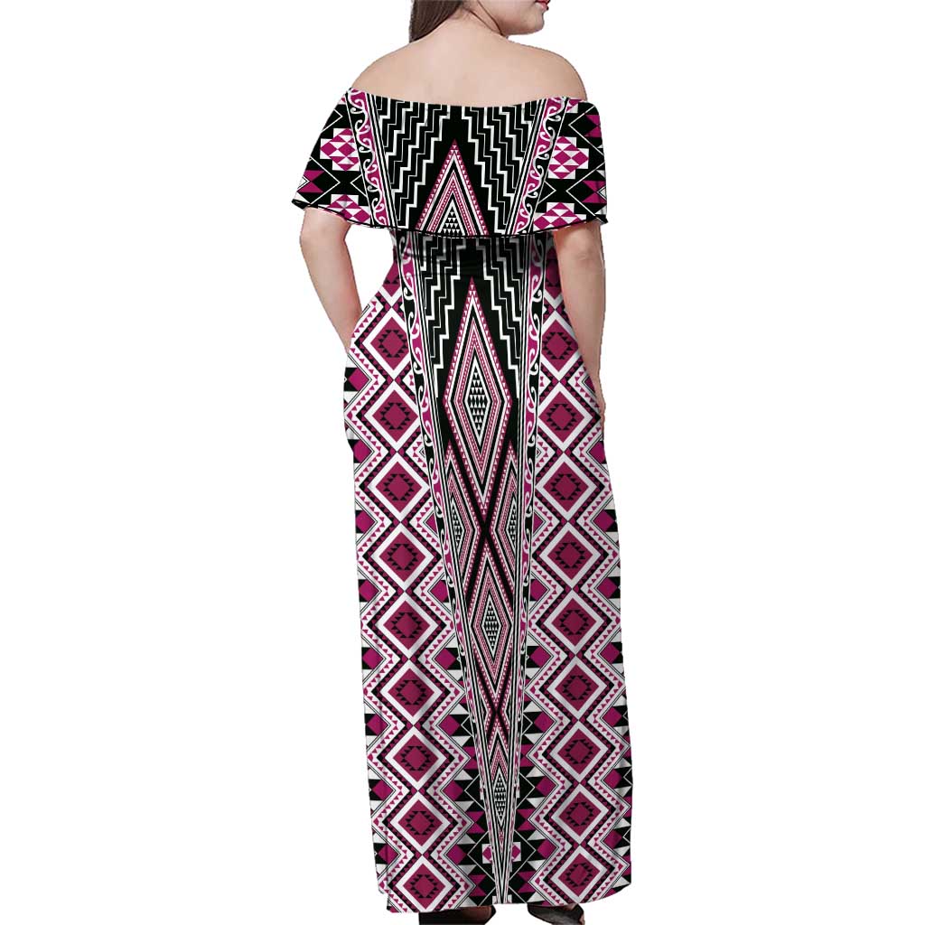 Pink Aotearoa Tukutuku and Poutama Motif Family Matching Off Shoulder Maxi Dress and Hawaiian Shirt LT03 - Polynesian Pride