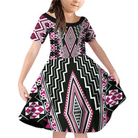 Pink Aotearoa Tukutuku and Poutama Motif Family Matching Off Shoulder Short Dress and Hawaiian Shirt LT03 Daughter's Dress Pink - Polynesian Pride
