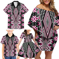 Pink Aotearoa Tukutuku and Poutama Motif Family Matching Off Shoulder Short Dress and Hawaiian Shirt LT03 - Polynesian Pride