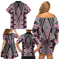 Pink Aotearoa Tukutuku and Poutama Motif Family Matching Off Shoulder Short Dress and Hawaiian Shirt LT03 - Polynesian Pride