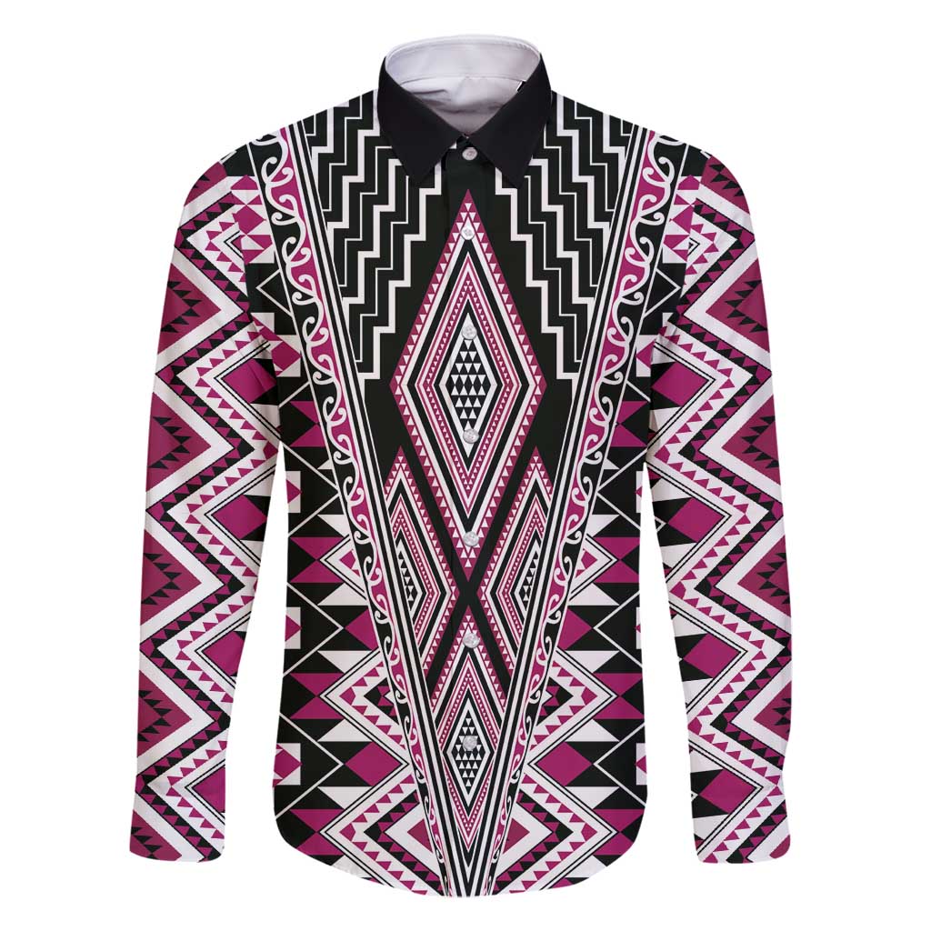 Pink Aotearoa Tukutuku and Poutama Motif Family Matching Off Shoulder Short Dress and Hawaiian Shirt LT03 Dad's Shirt - Long Sleeve Pink - Polynesian Pride