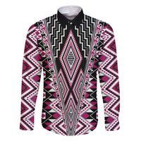 Pink Aotearoa Tukutuku and Poutama Motif Family Matching Off Shoulder Short Dress and Hawaiian Shirt LT03 Dad's Shirt - Long Sleeve Pink - Polynesian Pride