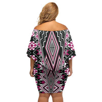 Pink Aotearoa Tukutuku and Poutama Motif Family Matching Off Shoulder Short Dress and Hawaiian Shirt LT03 - Polynesian Pride