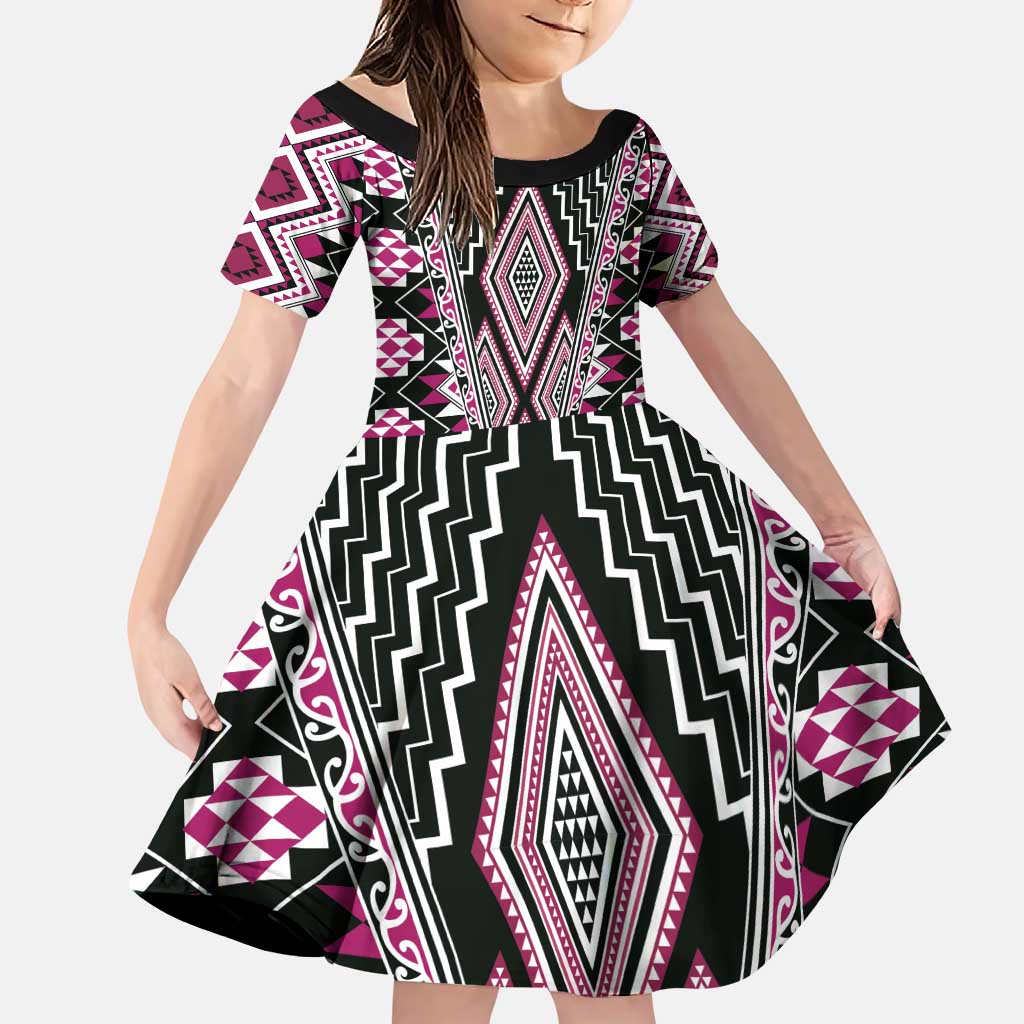 Pink Aotearoa Tukutuku and Poutama Motif Family Matching Puletasi and Hawaiian Shirt LT03 Daughter's Dress Pink - Polynesian Pride