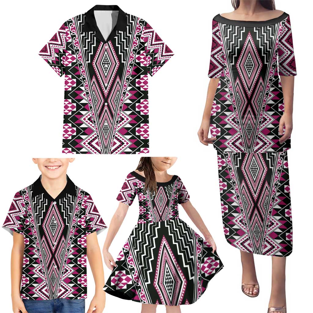 Pink Aotearoa Tukutuku and Poutama Motif Family Matching Puletasi and Hawaiian Shirt LT03 - Polynesian Pride