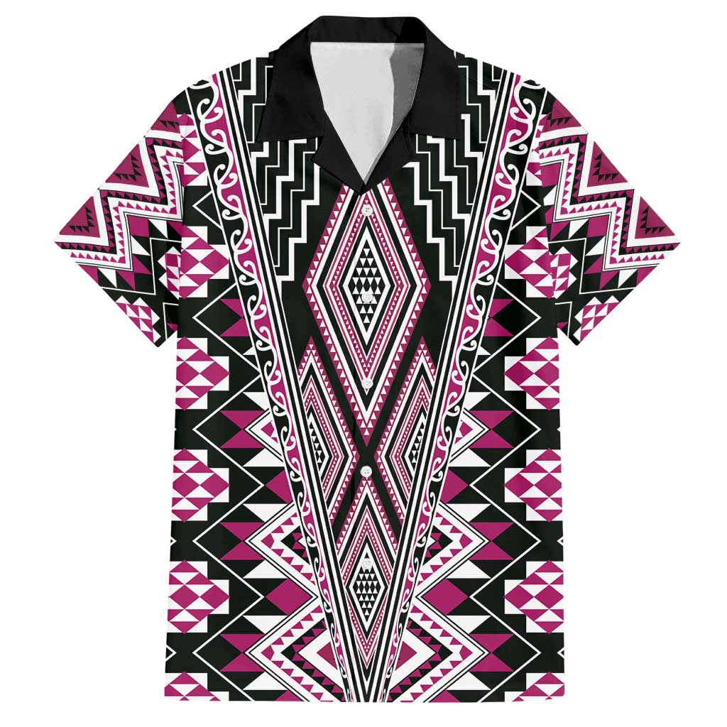 Pink Aotearoa Tukutuku and Poutama Motif Family Matching Puletasi and Hawaiian Shirt LT03 Dad's Shirt - Short Sleeve Pink - Polynesian Pride