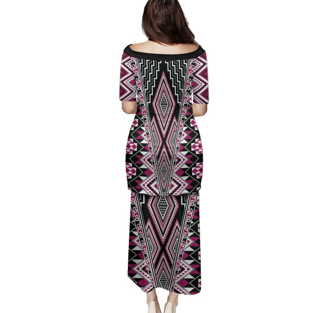Pink Aotearoa Tukutuku and Poutama Motif Family Matching Puletasi and Hawaiian Shirt LT03 - Polynesian Pride