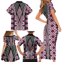 Pink Aotearoa Tukutuku and Poutama Motif Family Matching Short Sleeve Bodycon Dress and Hawaiian Shirt LT03 - Polynesian Pride