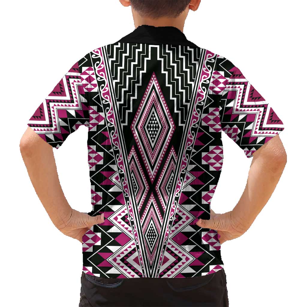 Pink Aotearoa Tukutuku and Poutama Motif Family Matching Tank Maxi Dress and Hawaiian Shirt LT03 - Polynesian Pride