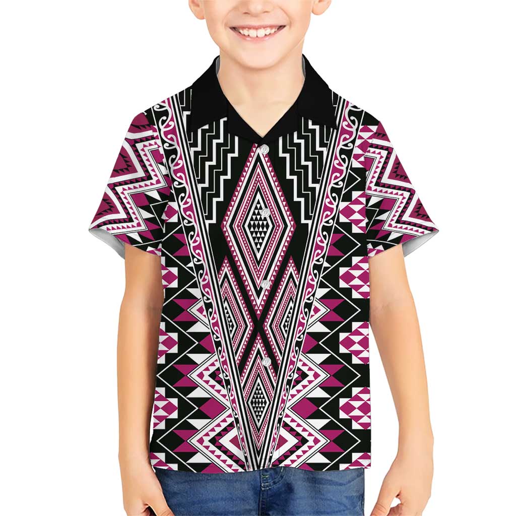 Pink Aotearoa Tukutuku and Poutama Motif Kid Hawaiian Shirt LT03 Kid Pink - Polynesian Pride