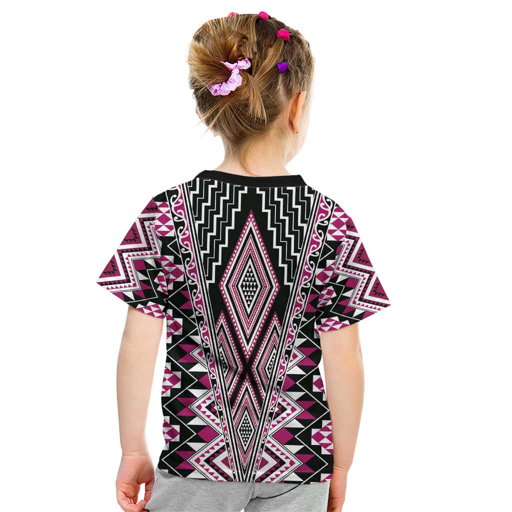 Pink Aotearoa Tukutuku and Poutama Motif Kid T Shirt LT03 - Polynesian Pride