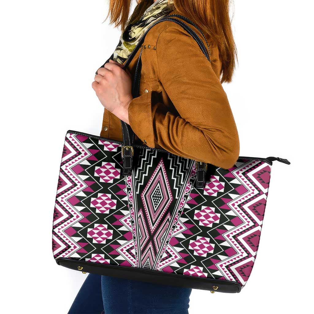 Pink Aotearoa Tukutuku and Poutama Motif Leather Tote Bag LT03 Pink - Polynesian Pride