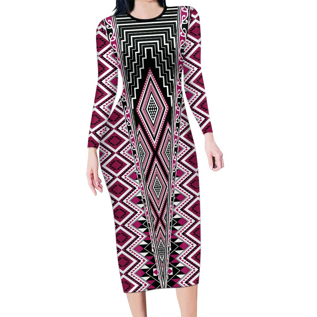 Pink Aotearoa Tukutuku and Poutama Motif Long Sleeve Bodycon Dress LT03 Long Dress Pink - Polynesian Pride