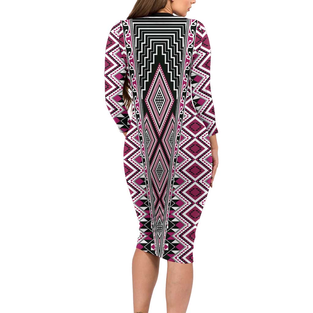 Pink Aotearoa Tukutuku and Poutama Motif Long Sleeve Bodycon Dress LT03 - Polynesian Pride
