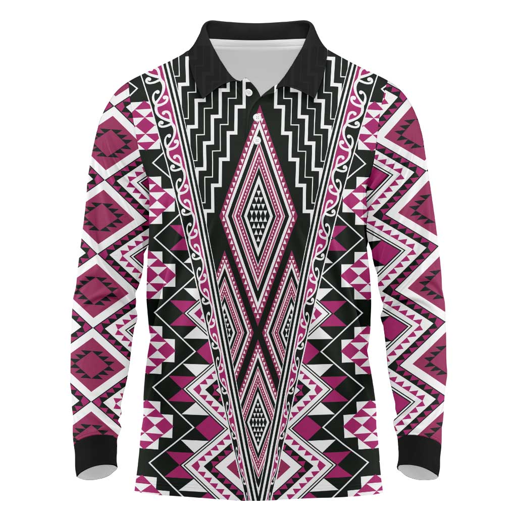 Pink Aotearoa Tukutuku and Poutama Motif Long Sleeve Polo Shirt LT03 Pink - Polynesian Pride