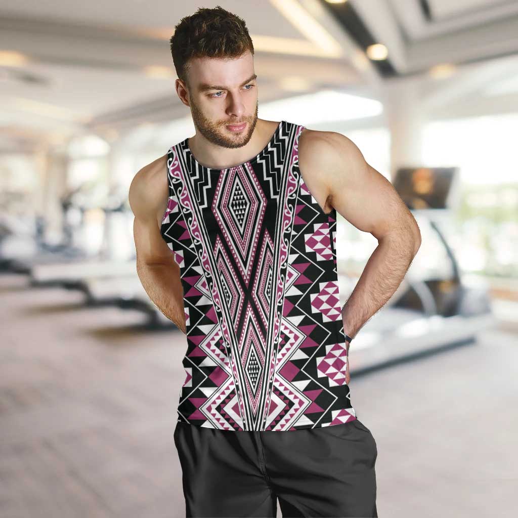 Pink Aotearoa Tukutuku and Poutama Motif Men Tank Top LT03 Pink - Polynesian Pride