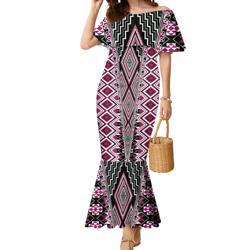 Pink Aotearoa Tukutuku and Poutama Motif Mermaid Dress LT03 Women Pink - Polynesian Pride