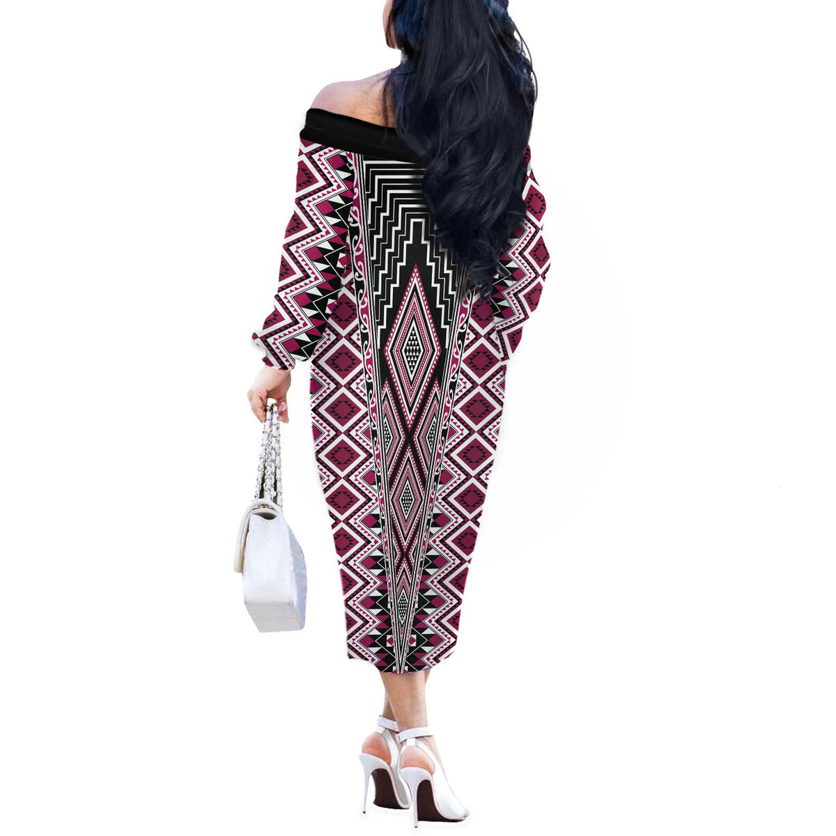 Pink Aotearoa Tukutuku and Poutama Motif Off The Shoulder Long Sleeve Dress LT03 - Polynesian Pride