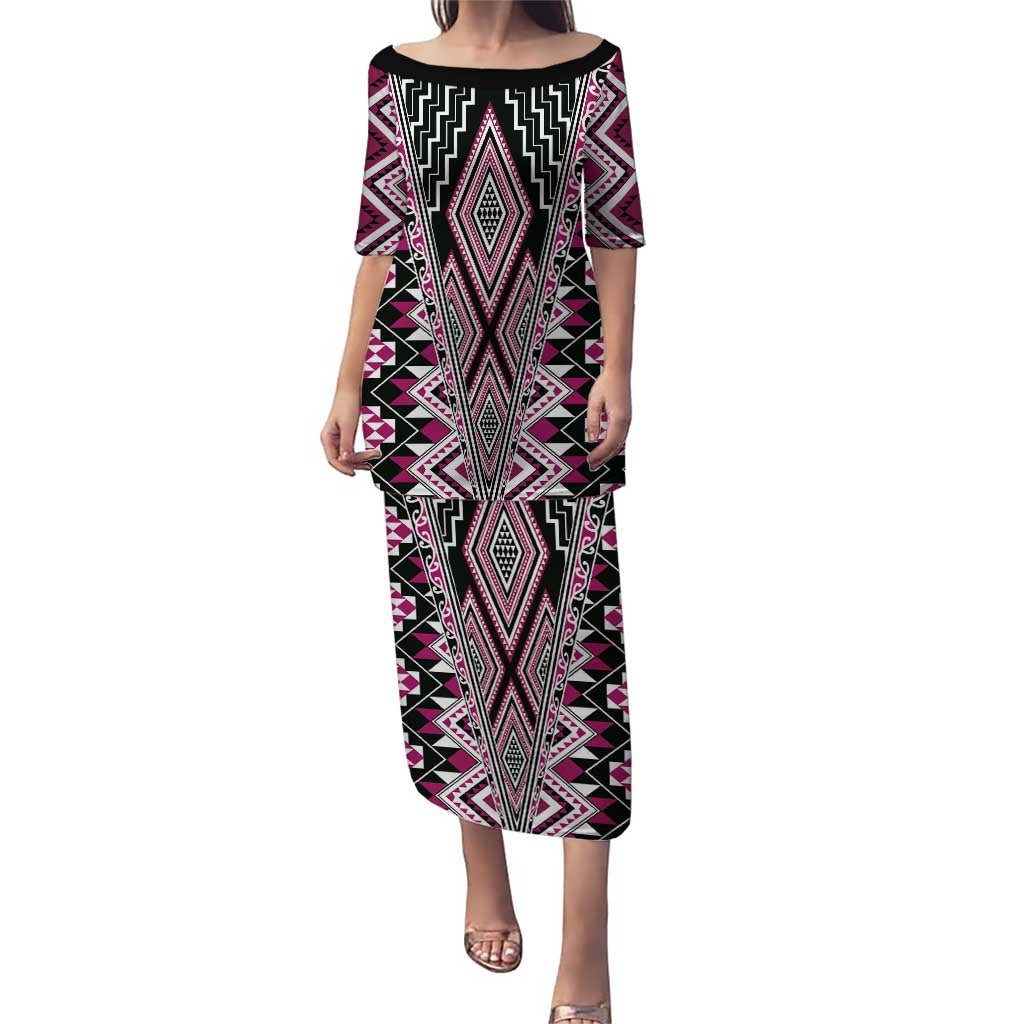 Pink Aotearoa Tukutuku and Poutama Motif Puletasi LT03 Long Dress Pink - Polynesian Pride
