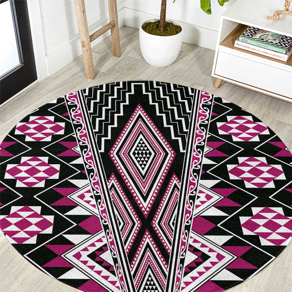 Pink Aotearoa Tukutuku and Poutama Motif Round Carpet LT03 Pink - Polynesian Pride
