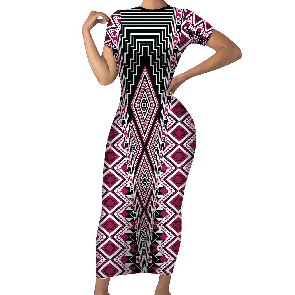 Pink Aotearoa Tukutuku and Poutama Motif Short Sleeve Bodycon Dress LT03 Long Dress Pink - Polynesian Pride