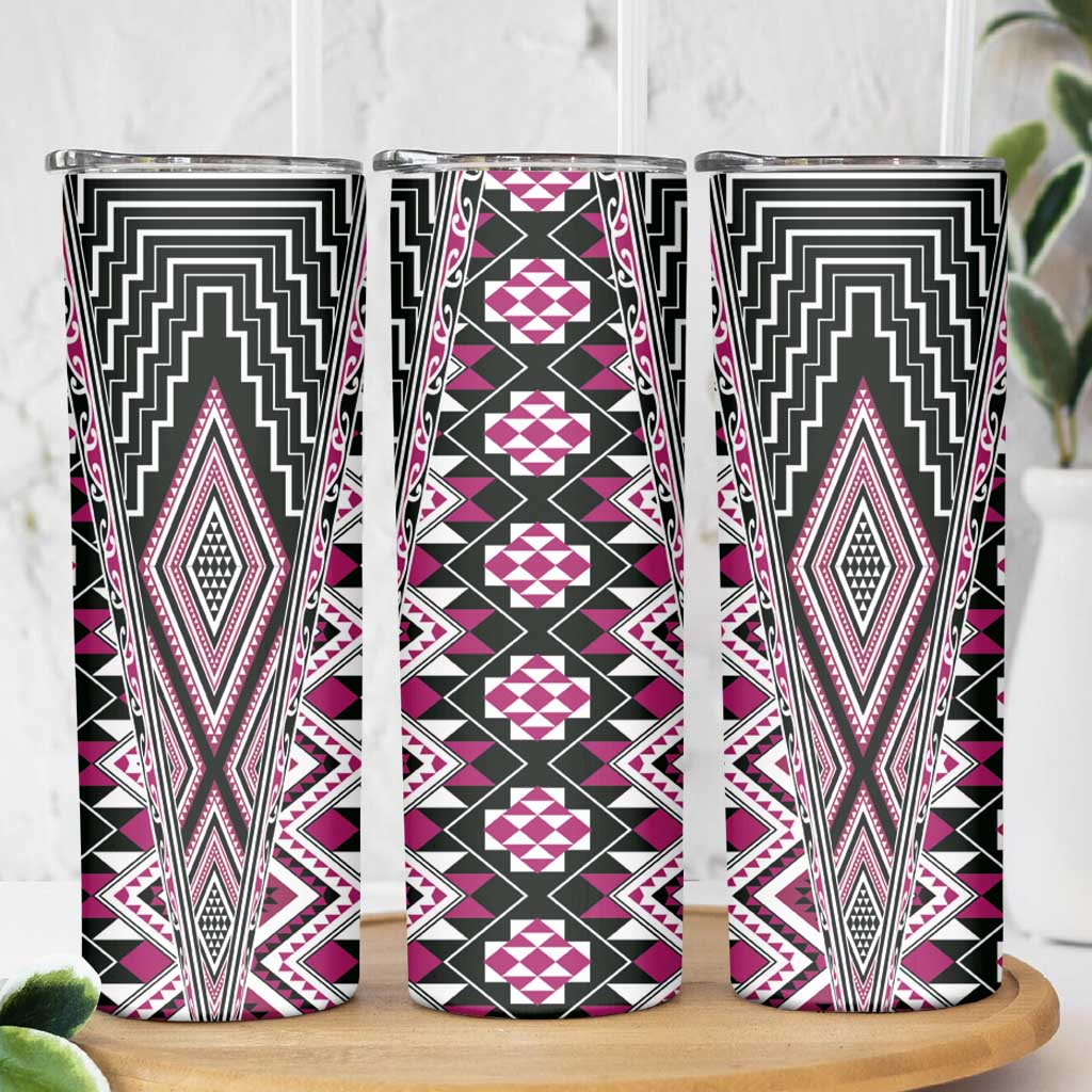 Pink Aotearoa Tukutuku and Poutama Motif Skinny Tumbler LT03 - Polynesian Pride