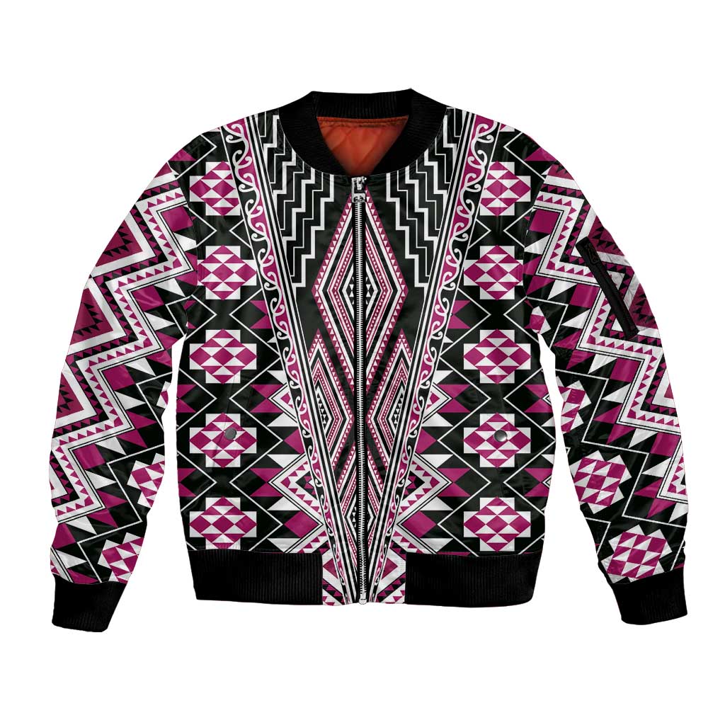 Pink Aotearoa Tukutuku and Poutama Motif Sleeve Zip Bomber Jacket LT03 Unisex Pink - Polynesian Pride