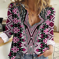 Pink Aotearoa Tukutuku and Poutama Motif Women Casual Shirt LT03 Female Pink - Polynesian Pride
