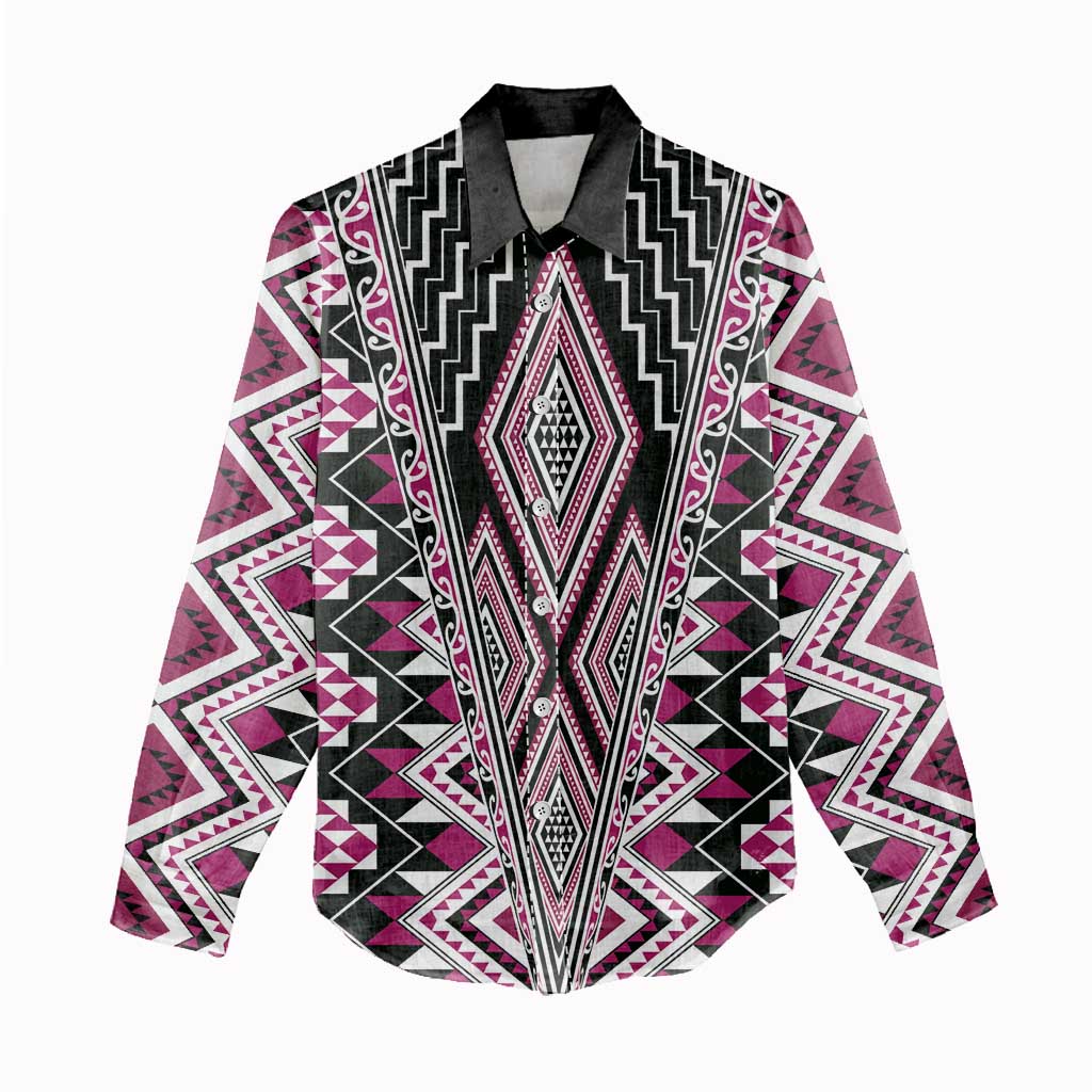 Pink Aotearoa Tukutuku and Poutama Motif Women Casual Shirt LT03 - Polynesian Pride