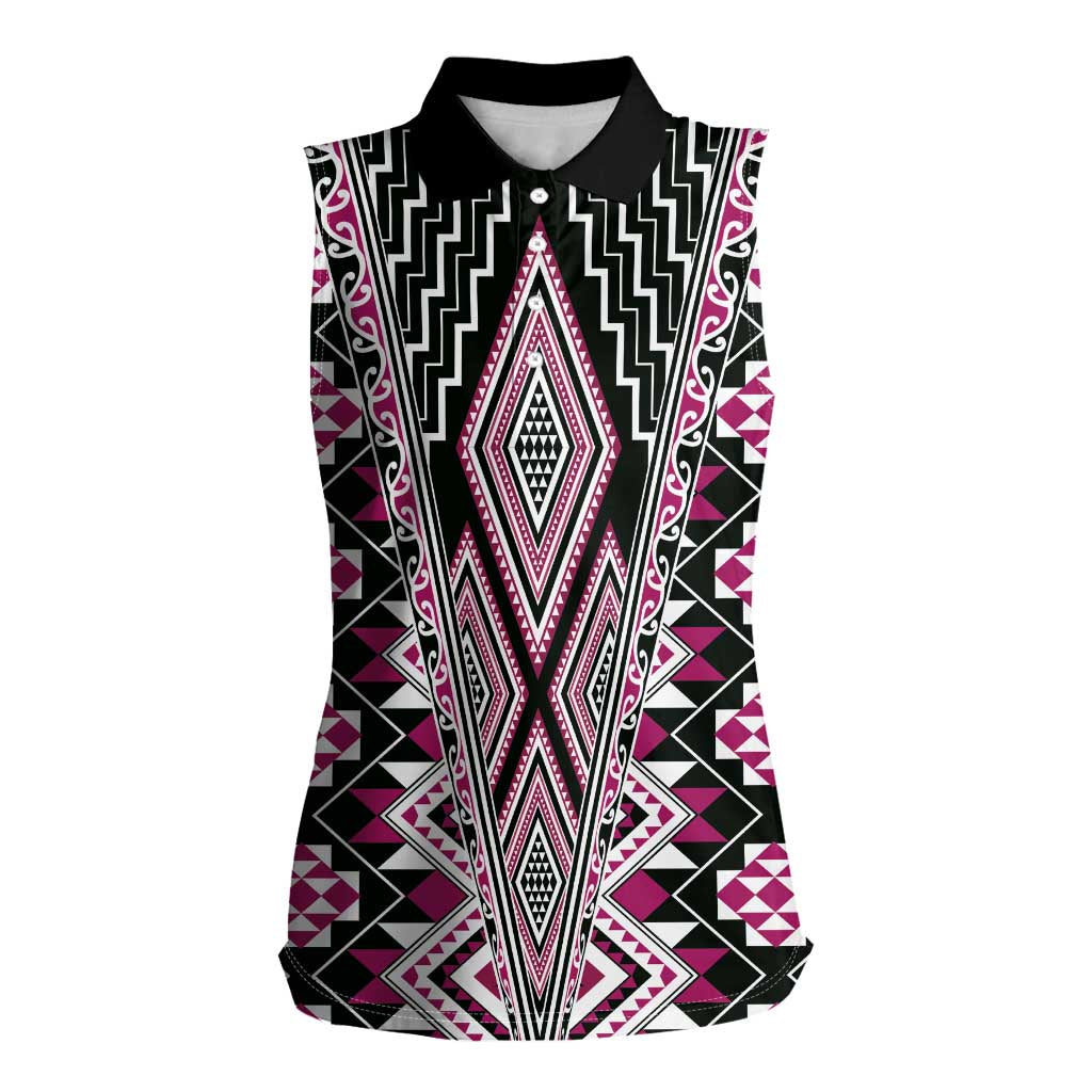 Pink Aotearoa Tukutuku and Poutama Motif Women Sleeveless Polo Shirt LT03 Female Pink - Polynesian Pride
