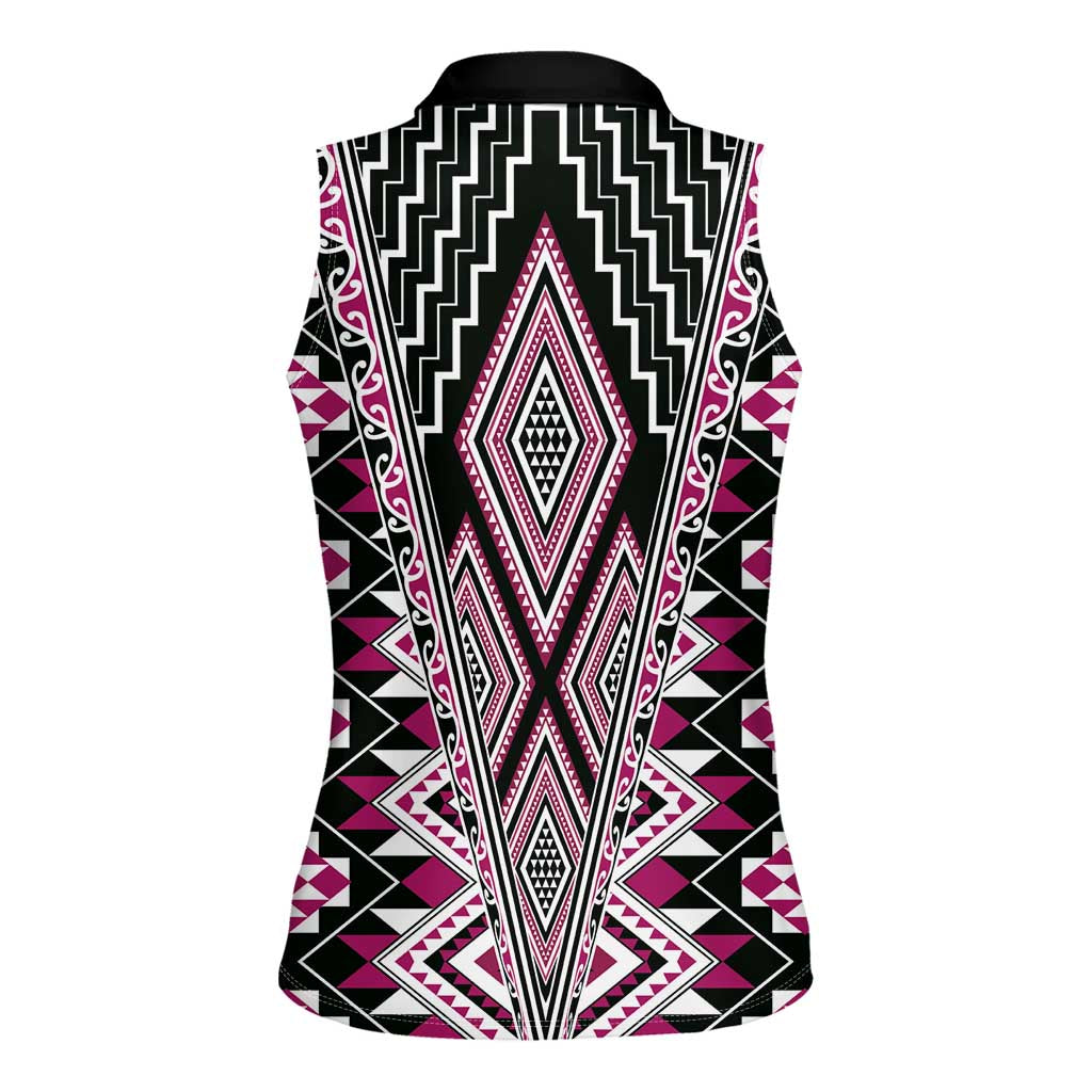 Pink Aotearoa Tukutuku and Poutama Motif Women Sleeveless Polo Shirt LT03 - Polynesian Pride
