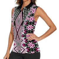 Pink Aotearoa Tukutuku and Poutama Motif Women Sleeveless Polo Shirt LT03 - Polynesian Pride