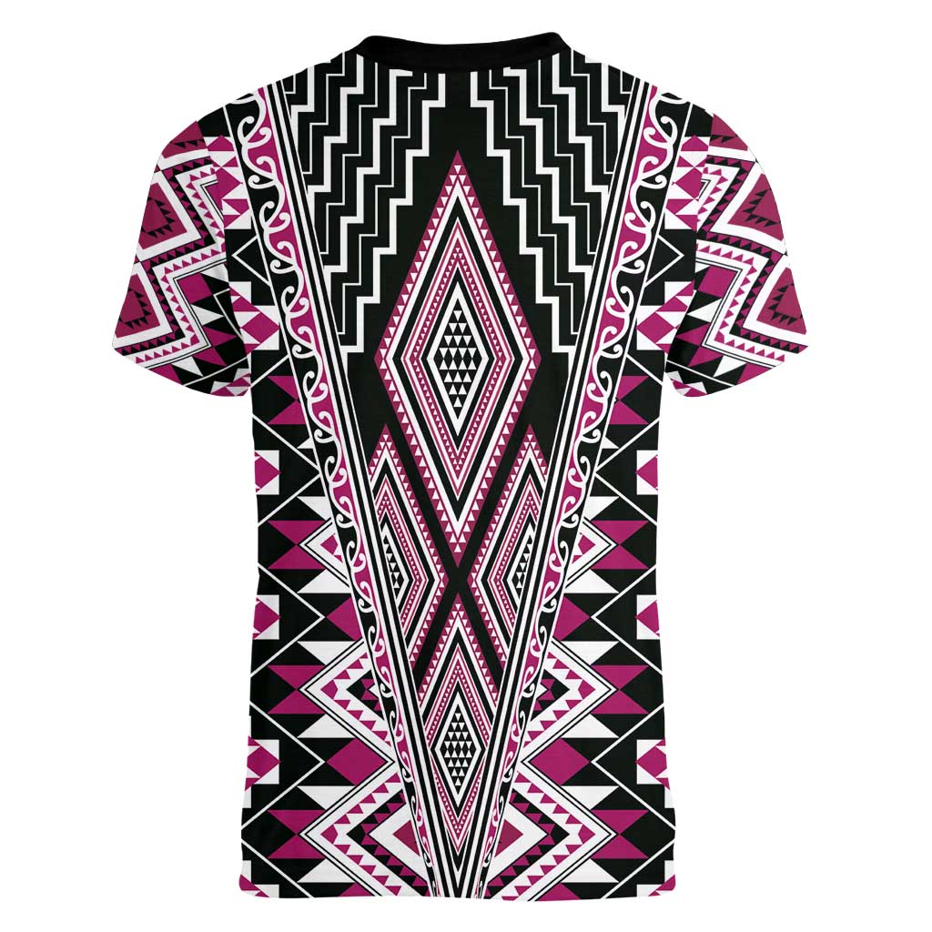 Pink Aotearoa Tukutuku and Poutama Motif Women V-Neck T-Shirt LT03 - Polynesian Pride