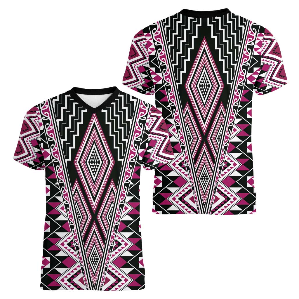 Pink Aotearoa Tukutuku and Poutama Motif Women V-Neck T-Shirt LT03 - Polynesian Pride